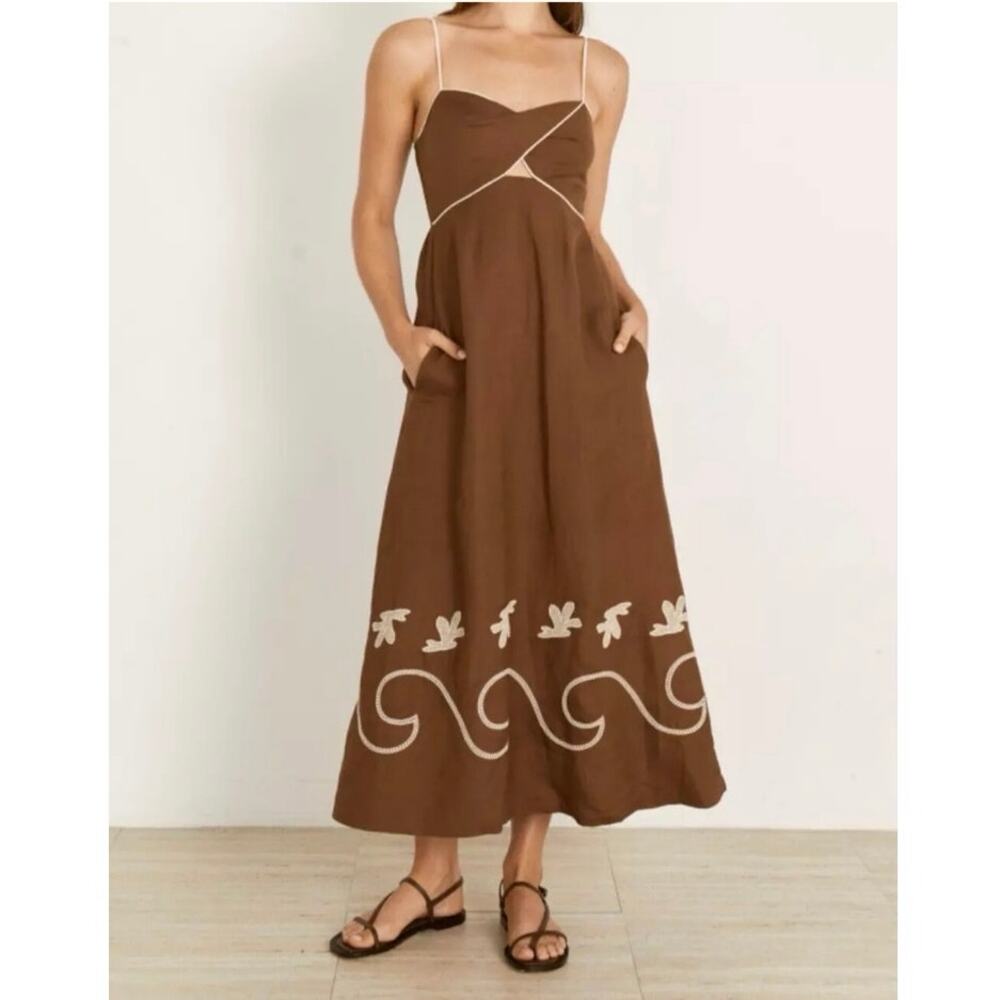 Mon Ren NWT Fresco Embroidered Linen Cotton Sundress Cocao Biscuit Small - Picture 1 of 7